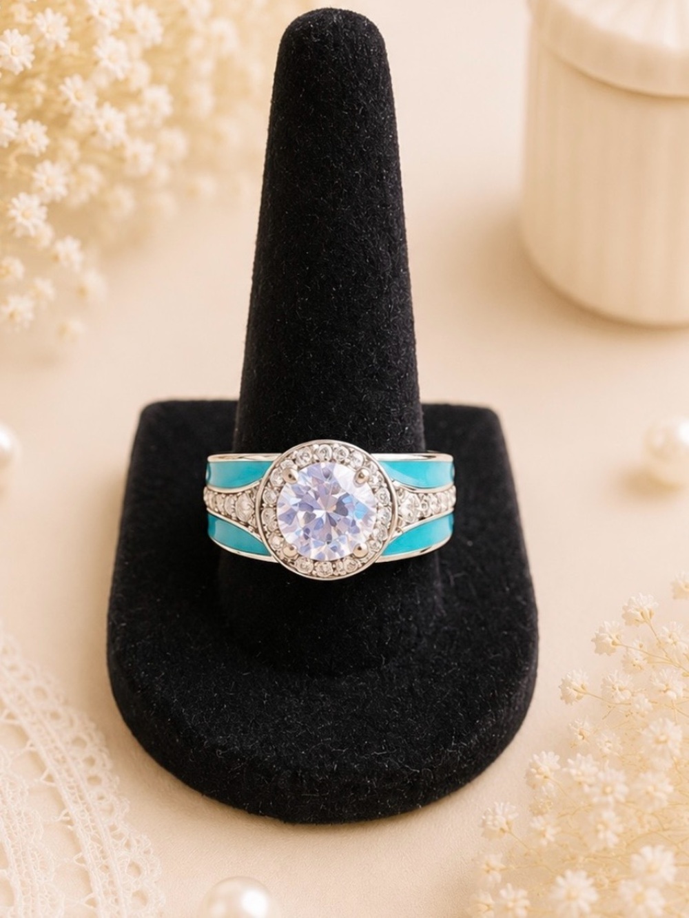 Turquoise Silver Tone Halo Ring With Cubic Zirconia Center Stone Size 9